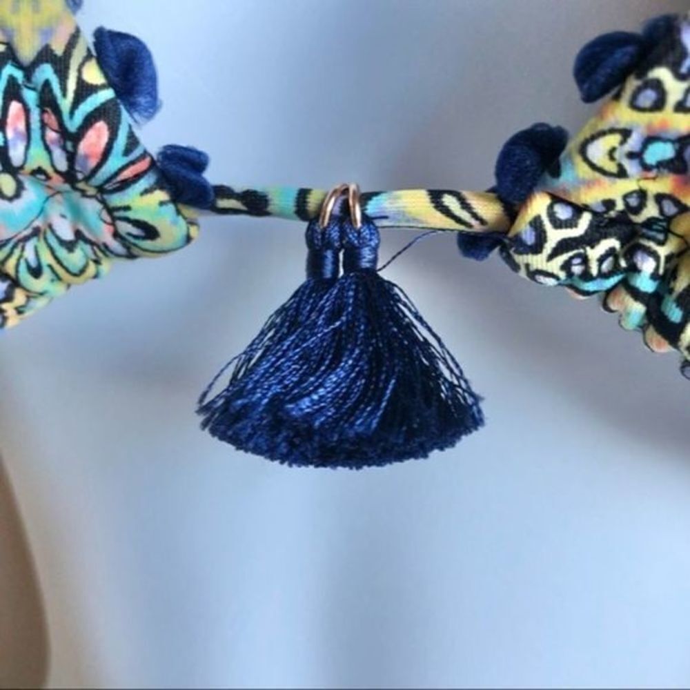 Victoria’s Secret navy blue multi color triangle top with tassel ties small - Picture 2 of 7